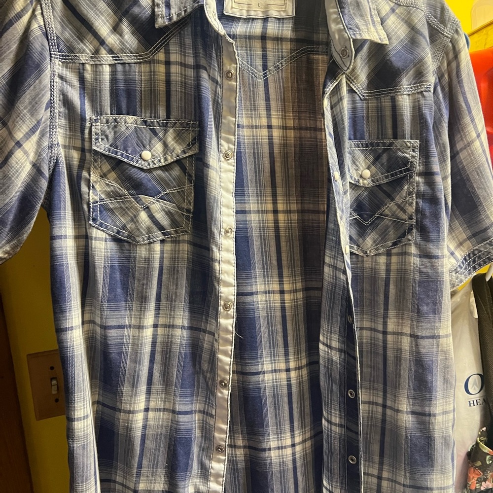 Men's Blue Plaid Short-Sleeve Button-Up Shirt large BUCKLE BKE